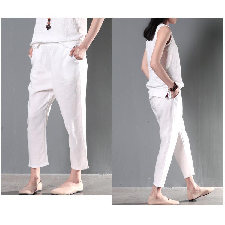 White linen crop pants plus size women summer - Omychic