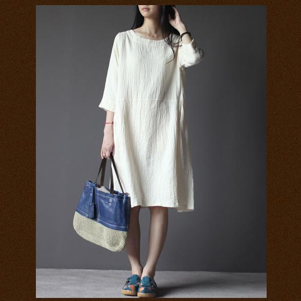 White linen dress Three Quarter Sleeves sundress - Omychic