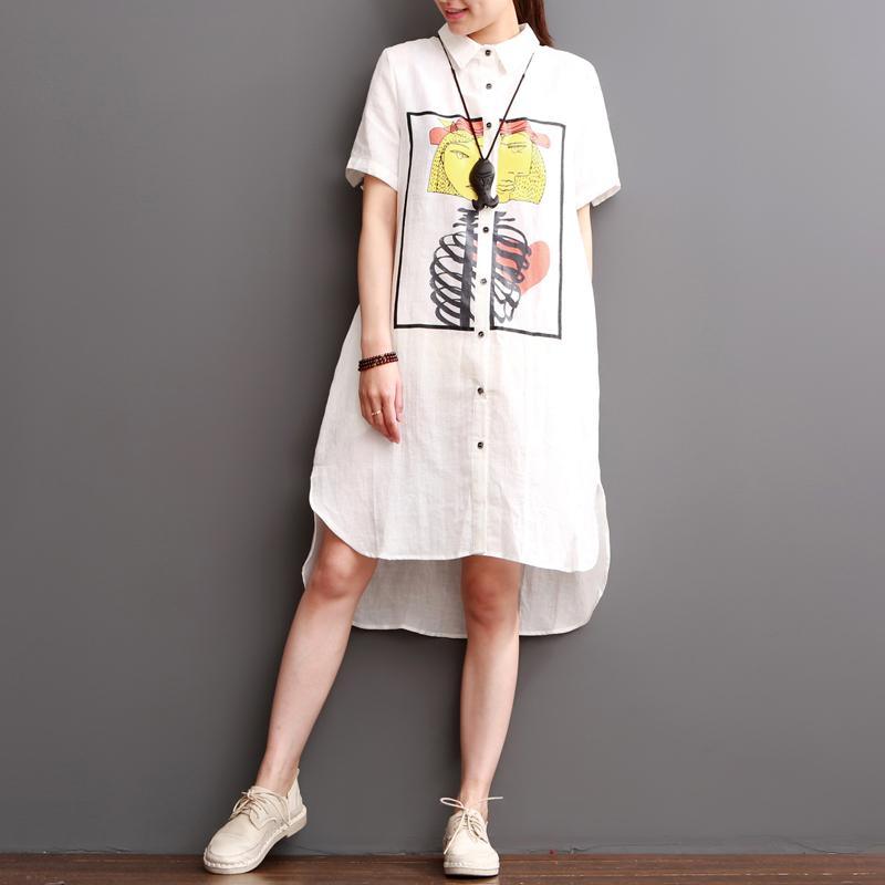 White linen dresses for summer split girl print - Omychic