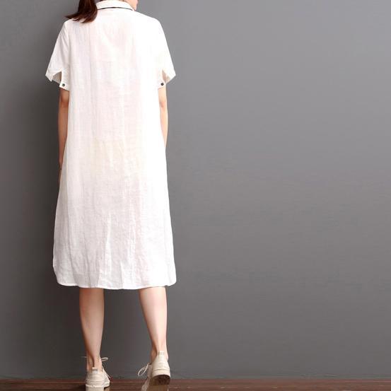 White linen dresses for summer split girl print - Omychic