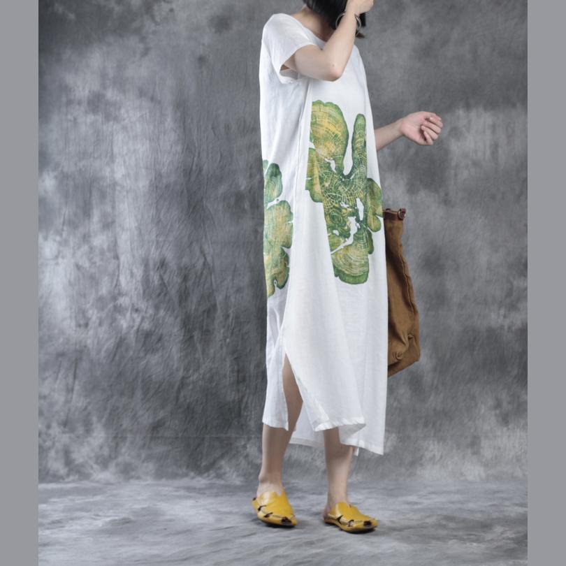 White linen maxi dresses long sundresses flower print - Omychic