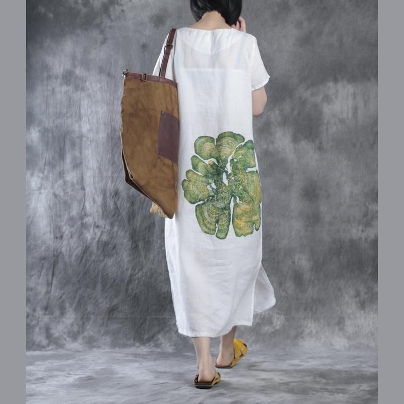 White linen maxi dresses long sundresses flower print - Omychic