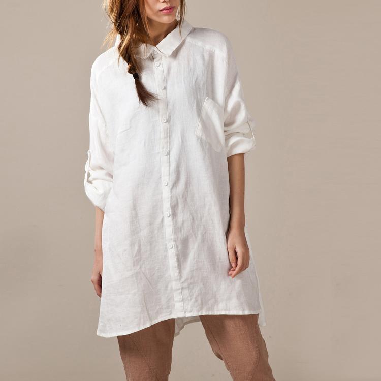 White linen shirts long sleeve oversize womens linen dresses plus size linen clothing buttons back - Omychic