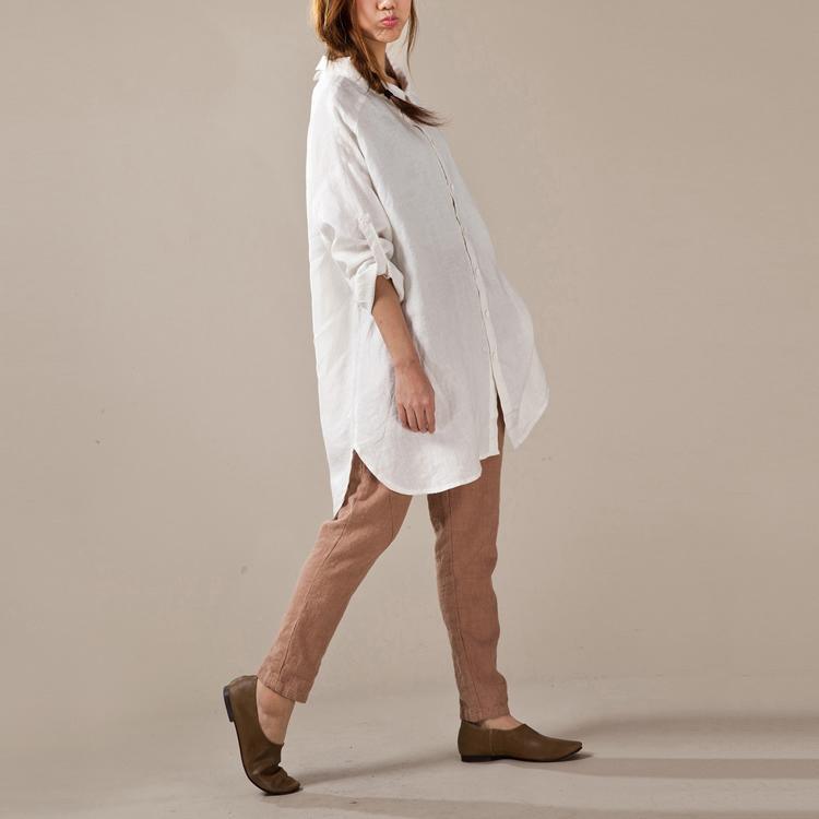 White linen shirts long sleeve oversize womens linen dresses plus size linen clothing buttons back - Omychic