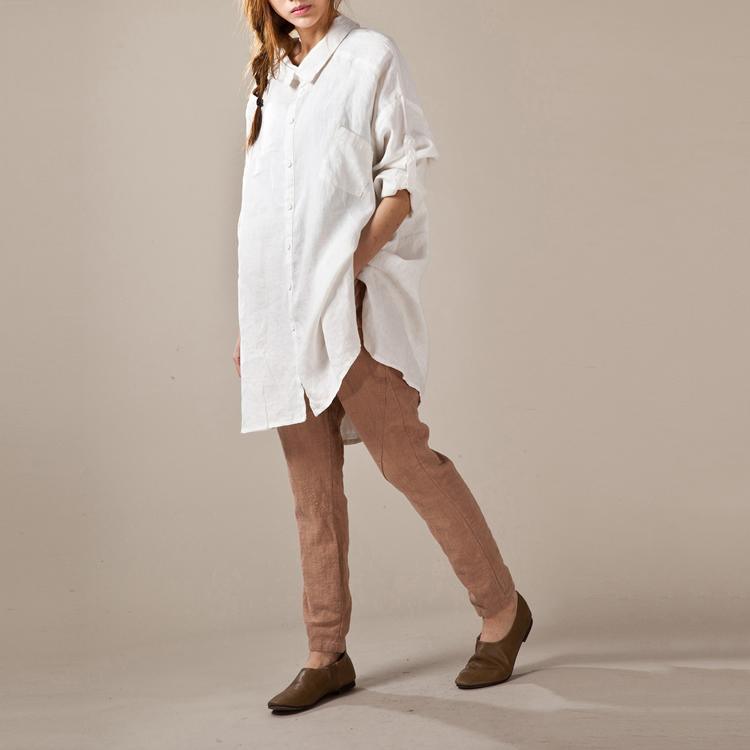 White linen shirts long sleeve oversize womens linen dresses plus size linen clothing buttons back - Omychic