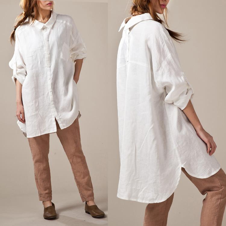 White linen shirts long sleeve oversize womens linen dresses plus size linen clothing buttons back - Omychic