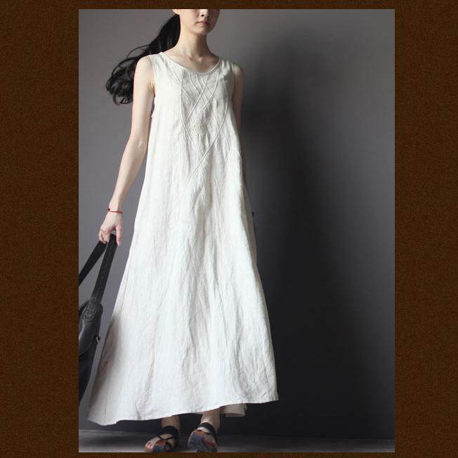 White linen sundress A line maxi dresses summer linen clothing - Omychic