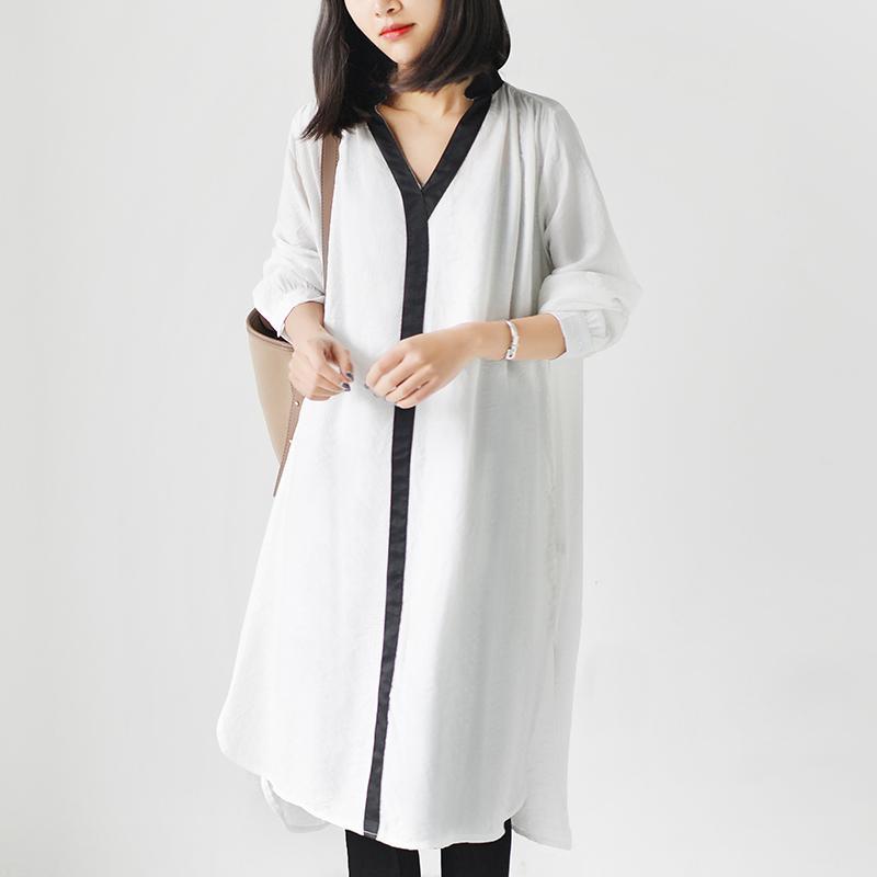 White long sleeve causal shirts dresses plus size spring shift dress - Omychic