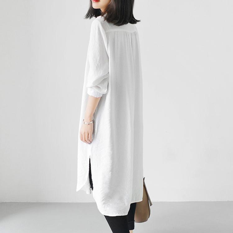 White long sleeve causal shirts dresses plus size spring shift dress - Omychic