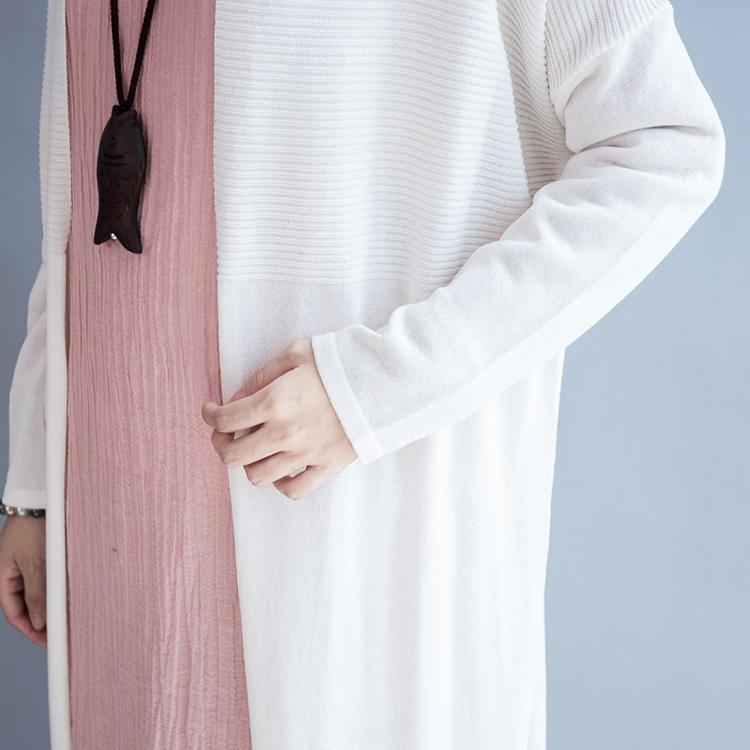 White long woolen knitted cardigans plus size linen maxi coats knit outwear long sleeve  fall - Omychic