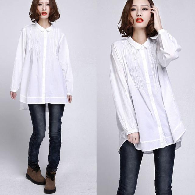 White oversize long cotton shirts long sleeve cotton dress blouse - Omychic