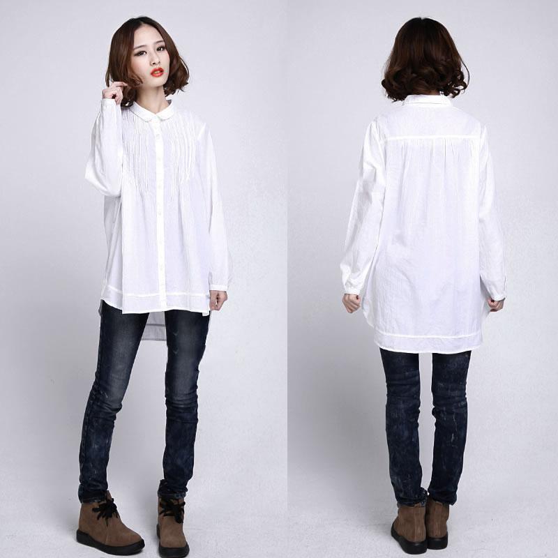 White oversize long cotton shirts long sleeve cotton dress blouse - Omychic