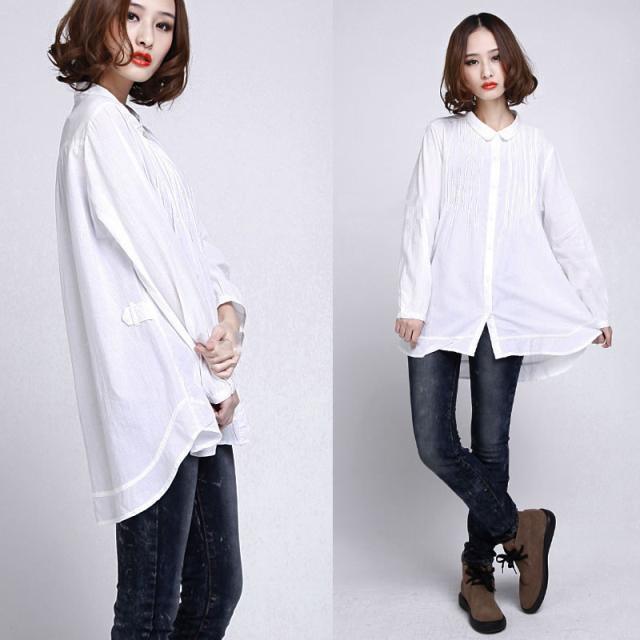 White oversize long cotton shirts long sleeve cotton dress blouse - Omychic