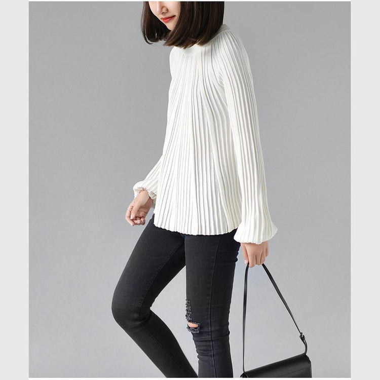 White pleated tops causal oversize knit blouse plus size woman tops - Omychic