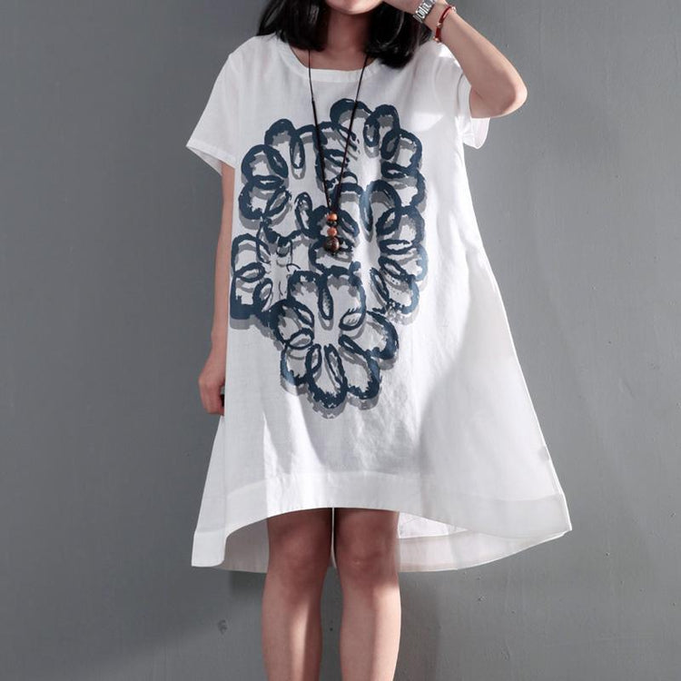 White plus size linen sundress short sleeve print summer dresses long blouse - Omychic