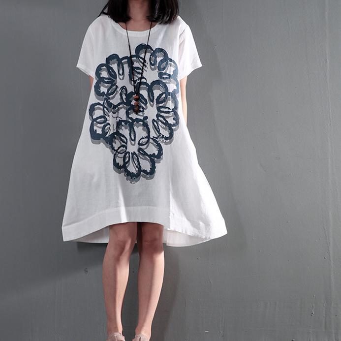 White plus size linen sundress short sleeve print summer dresses long blouse - Omychic