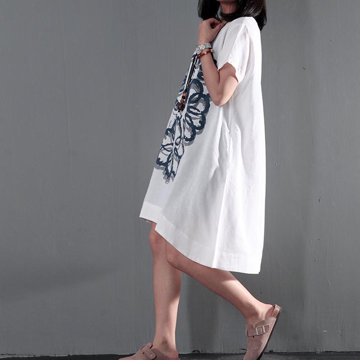 White plus size linen sundress short sleeve print summer dresses long blouse - Omychic