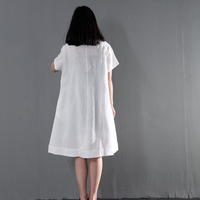 White plus size linen sundress short sleeve print summer dresses long blouse - Omychic