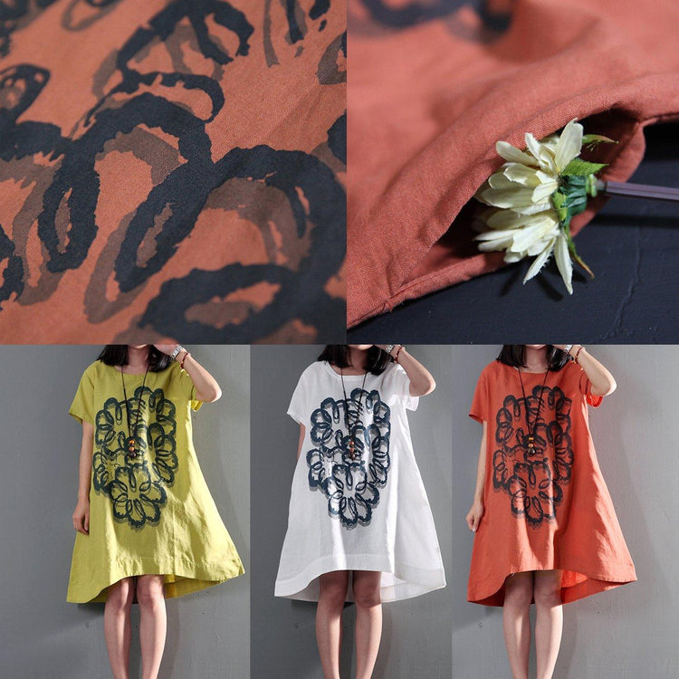 White plus size linen sundress short sleeve print summer dresses long blouse - Omychic