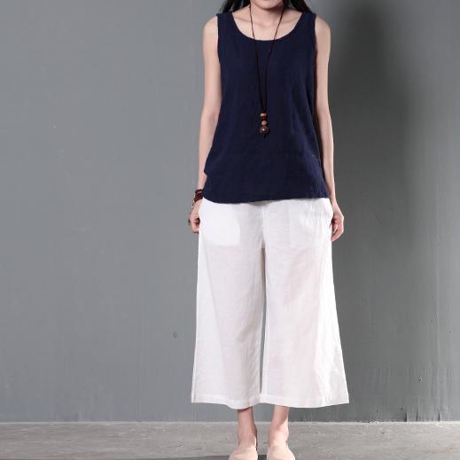 White plus size linen trousers women summer pants wide leg crop pants - Omychic