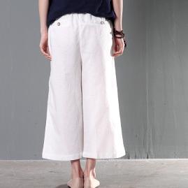 White plus size linen trousers women summer pants wide leg crop pants - Omychic