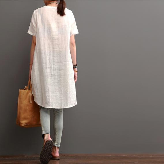 White print cotton sundress summer linen shirt dresses - Omychic