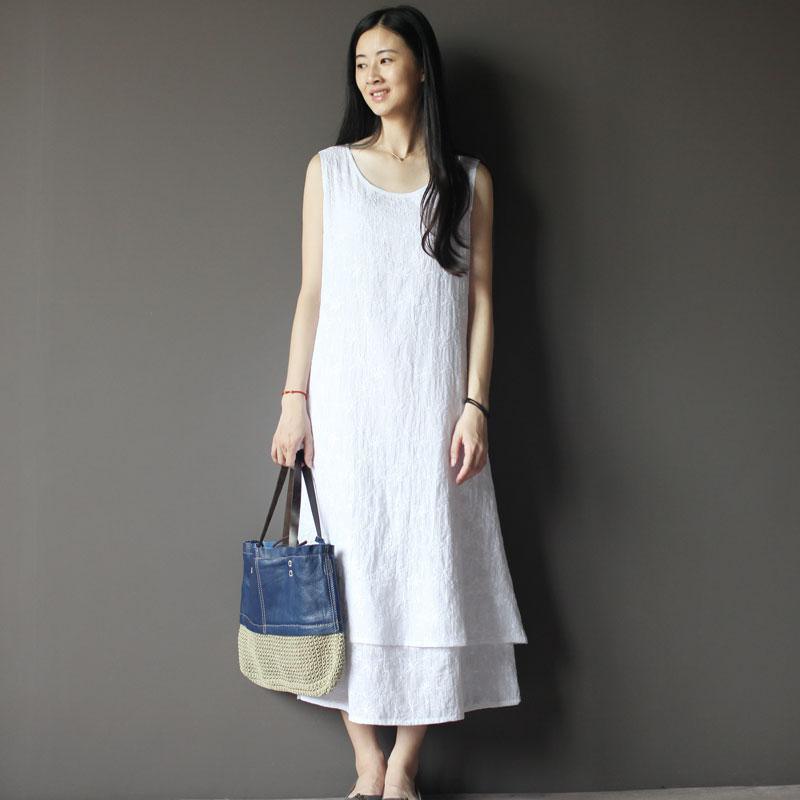 White pure cotton maxi dress layered casual sundress - Omychic