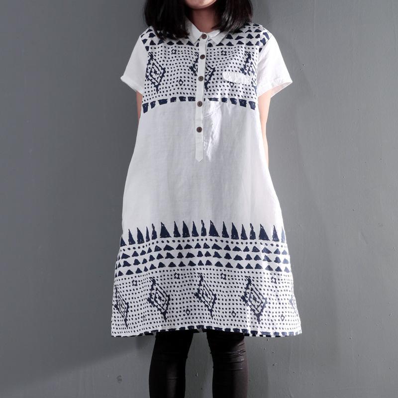 White retro summer linen dress oversize shift dresses short sleeve casual sundress - Omychic