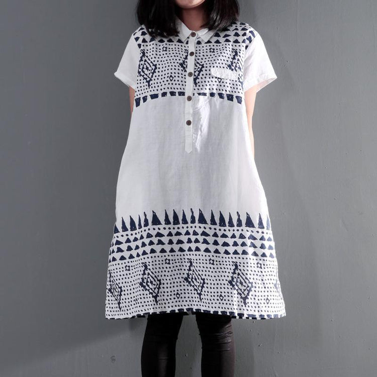 White retro summer linen dress oversize shift dresses short sleeve casual sundress - Omychic
