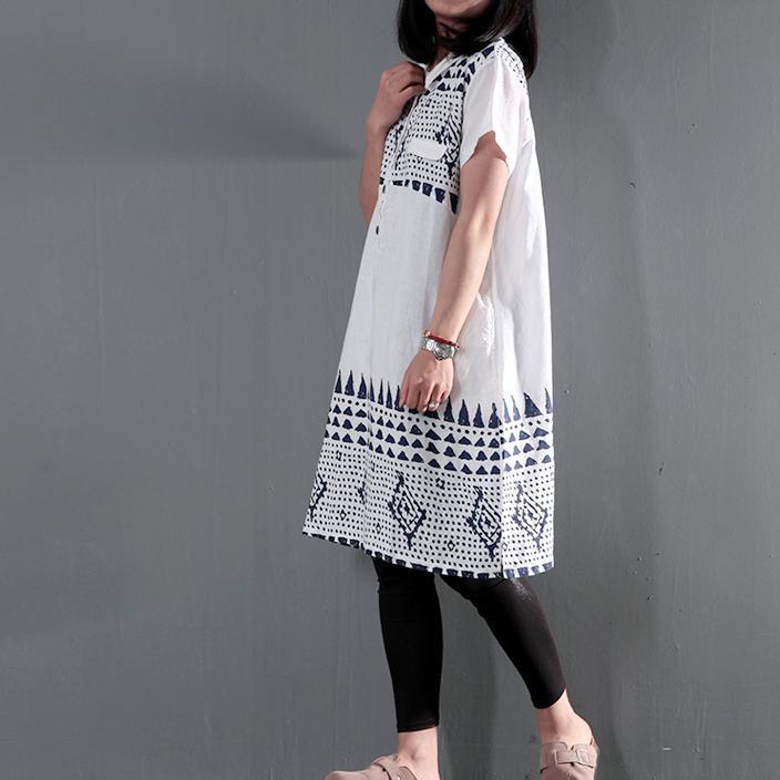 White retro summer linen dress oversize shift dresses short sleeve casual sundress - Omychic