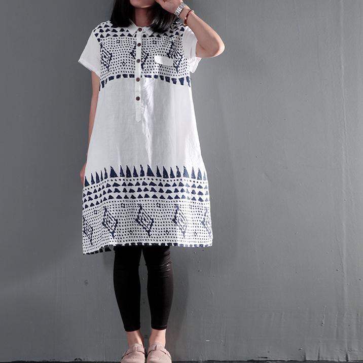 White retro summer linen dress oversize shift dresses short sleeve casual sundress - Omychic