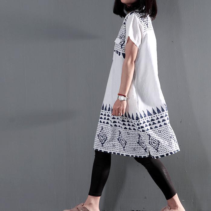 White retro summer linen dress oversize shift dresses short sleeve casual sundress - Omychic