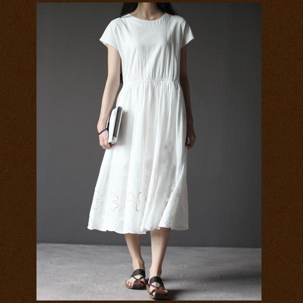 White short sleeve sundress cotton summer dresses oversize fit flare dress - Omychic