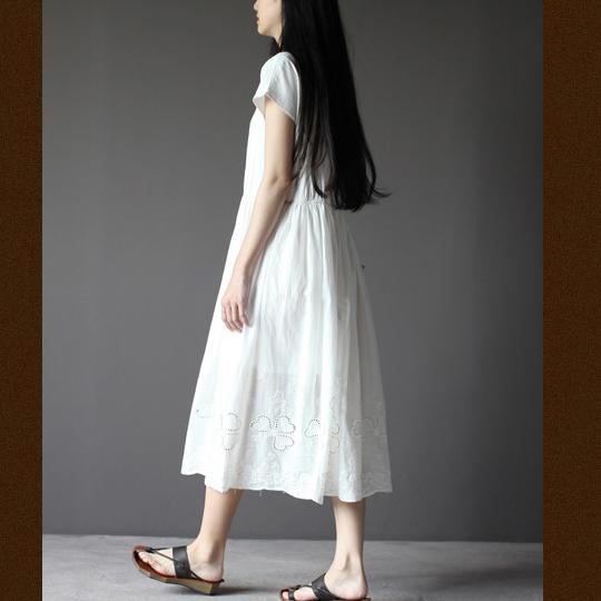 White short sleeve sundress cotton summer dresses oversize fit flare dress - Omychic