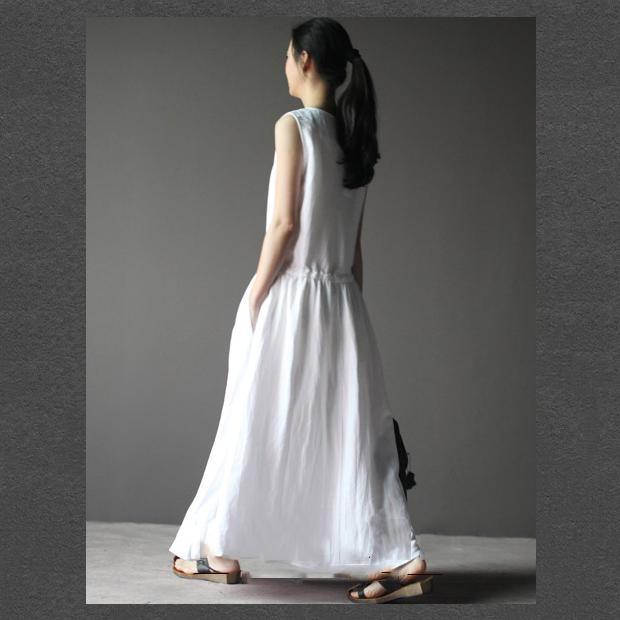 White summer linen dress sleeveless sundress casual maxi dress - Omychic