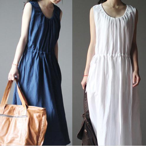 White summer linen dress sleeveless sundress casual maxi dress - Omychic