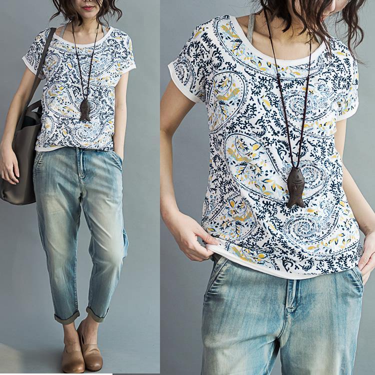 White with blue floral shirt sleeve cotton t shirts blouses tops - Omychic