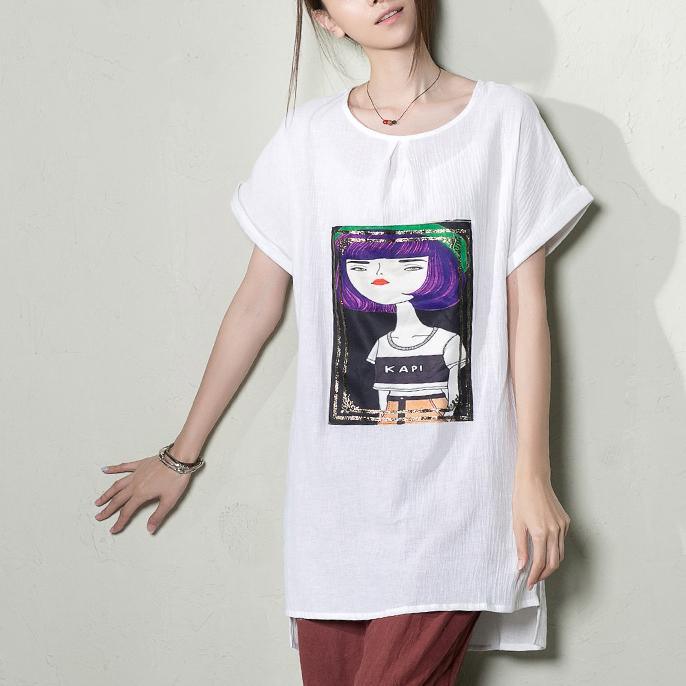 White women linen summer shirt blouse Kapi girl print - Omychic