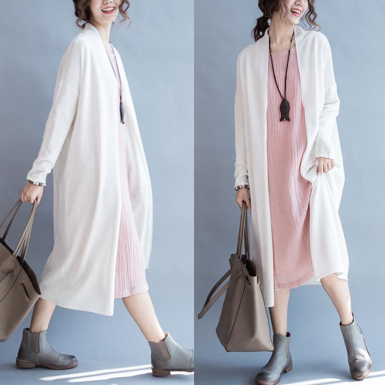 White woolen knit cardigan long knitted coat outwear - Omychic