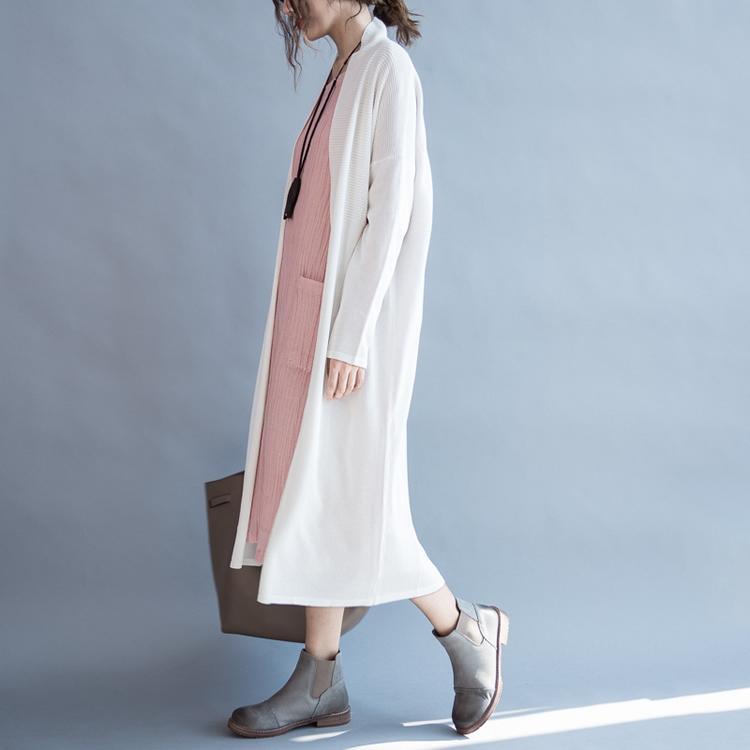 White woolen knit cardigan long knitted coat outwear - Omychic