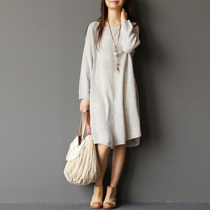 White woolen sweater dresses long knit sweaters pullover - Omychic