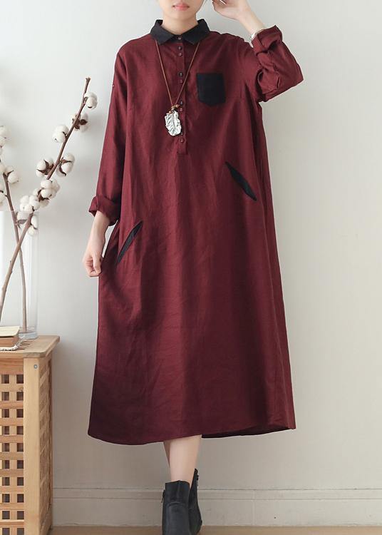 Wine Red Large Linen Long Shirt Dress Robe - Omychic