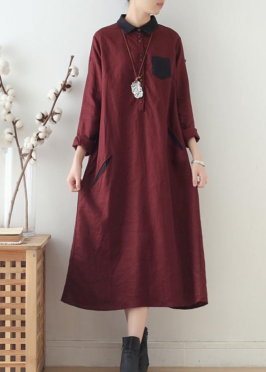 Wine Red Large Linen Long Shirt Dress Robe - Omychic