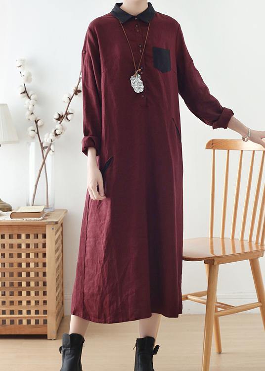 Wine Red Large Linen Long Shirt Dress Robe - Omychic