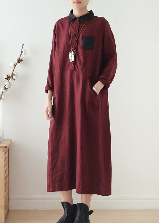 Wine Red Large Linen Long Shirt Dress Robe - Omychic