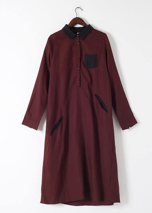 Wine Red Large Linen Long Shirt Dress Robe - Omychic