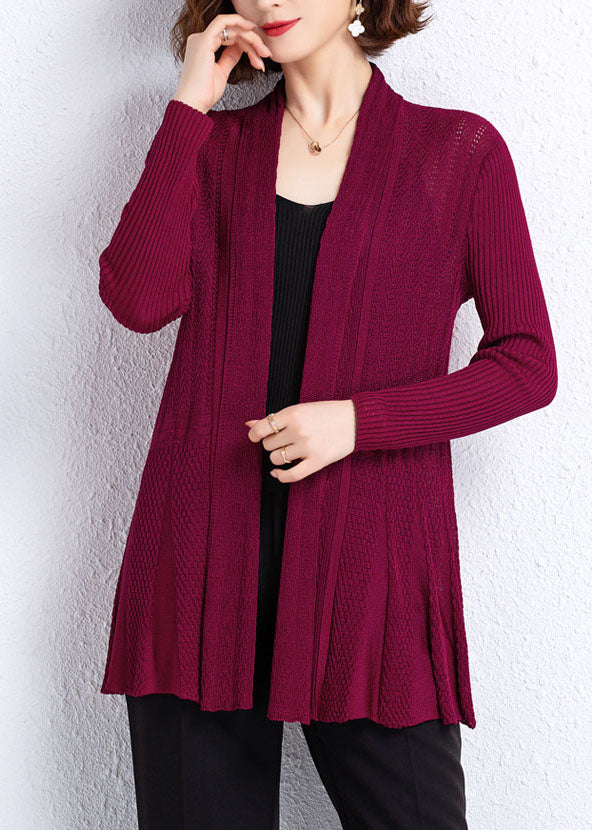 Wine Red Patchwork Knit Cardigans Hollow Out Wrinkled Fall