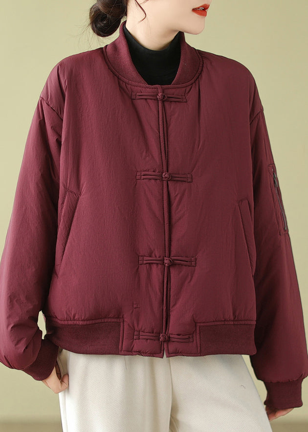 Wine Red Pockets Patchwork Cotton Filled Parka Stand Collar Winter