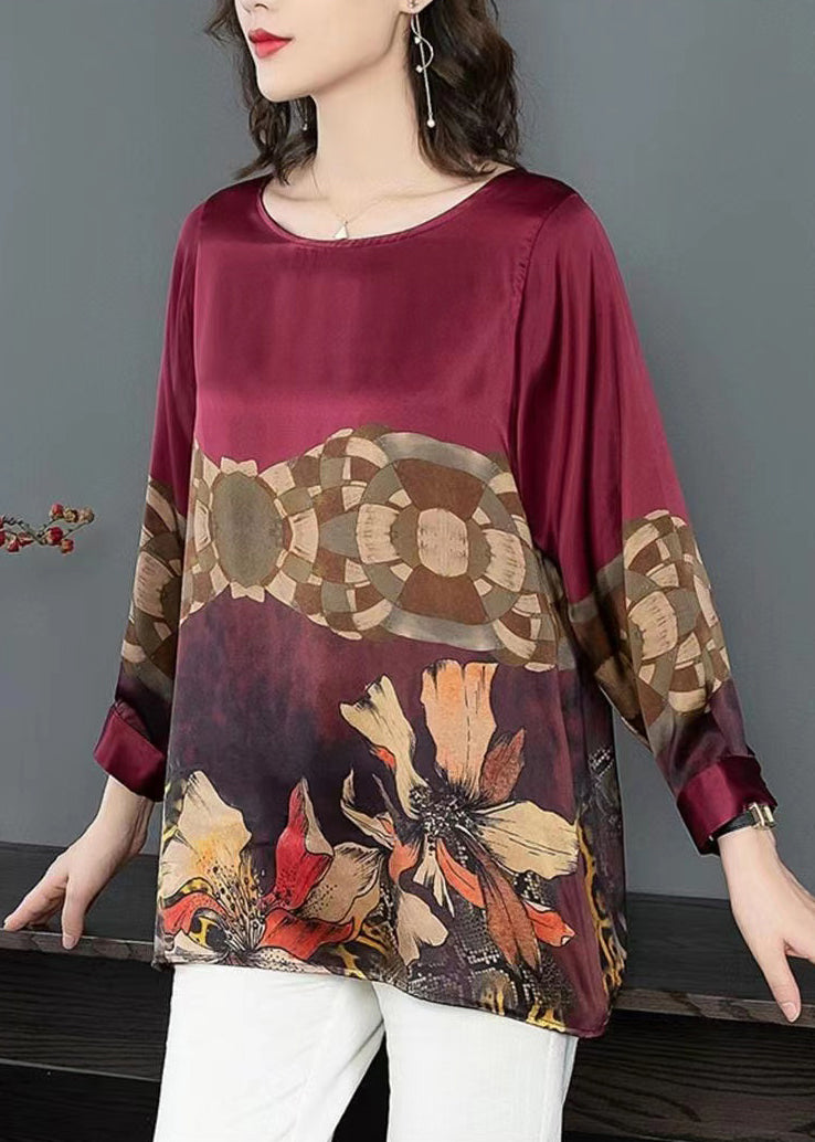 Wine Red Print Patchwork Silk Tops Long Sleeve