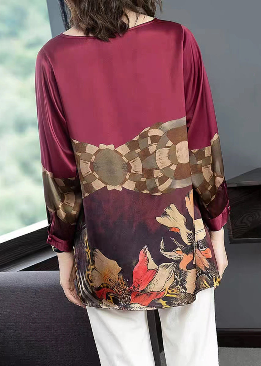 Wine Red Print Patchwork Silk Tops Long Sleeve